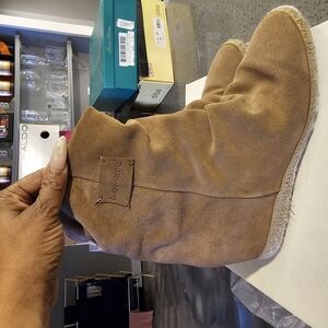 Tan Suede Ankle Boots Slip-On Block Heel